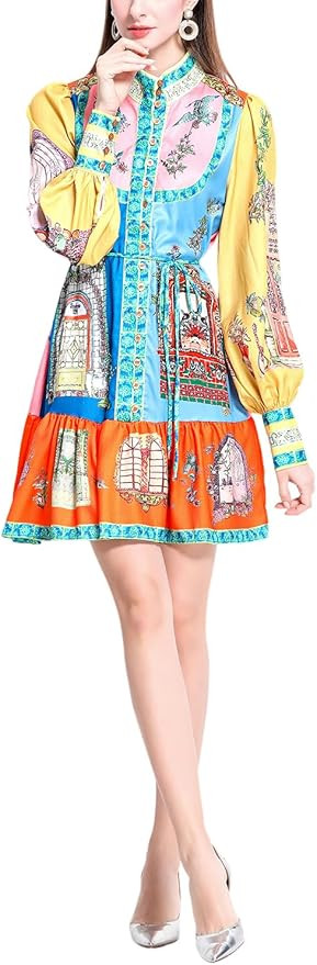 Women's Colorful Retro Print Long Sleeve Button Down Shirt Dress with Ruffle Hem | Amazon (US)