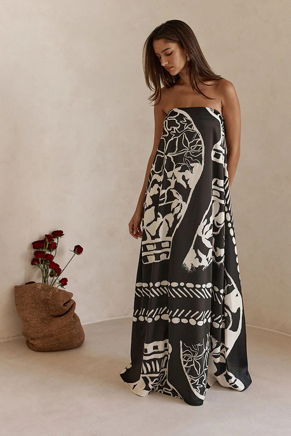 Black Botanic Vase Print Strapless Maxi Sorelle Dress | Sabo Skirt US