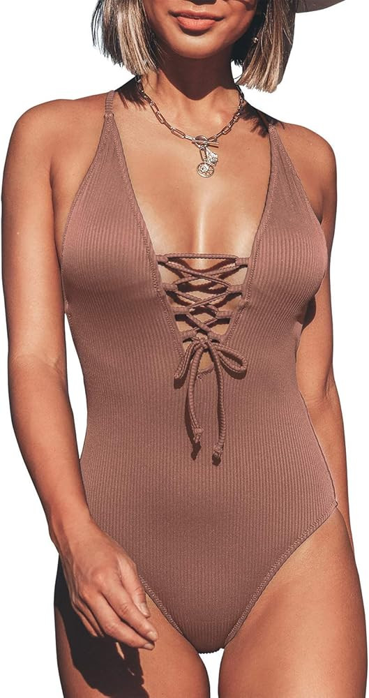 CUPSHE Women's Solid Color V Neck Lace Up One Piece Swimsuit | Amazon (US)