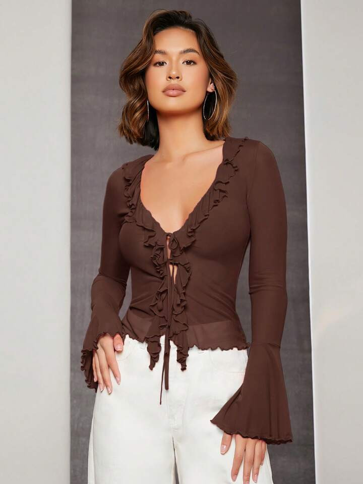 SHEIN BAE Ruffle Trim Flare Sleeve Knot Front Lettuce Trim Mesh Top | SHEIN