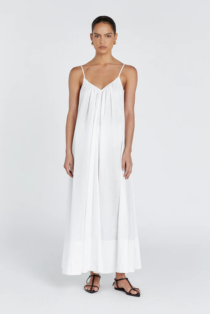 CAPRI WHITE LINEN SHEER MAXI DRESS | DISSH