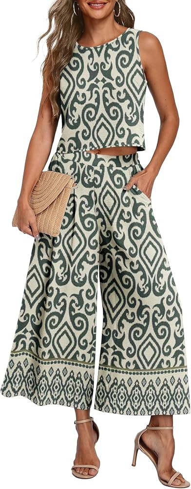 Lepunuo Womens Summer 2 Piece Outfits Sleeveless Crop Top Flowy Wide Leg Pants Matching Sets Vaca... | Amazon (US)