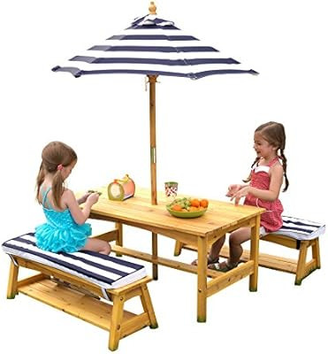 KidKraft Outdoor table and Chair Set with Cushions and Navy Stripes | Amazon (US)