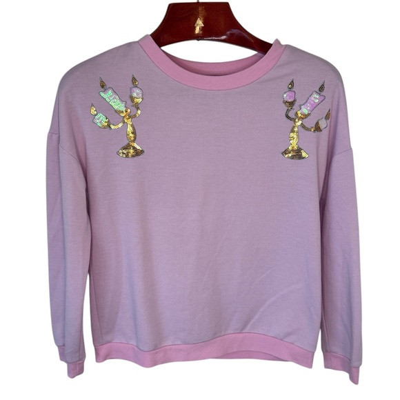 Disney Parks Beauty And The Beast Lumiere Pink Sequined Crew Neck Sweatshirt | Poshmark