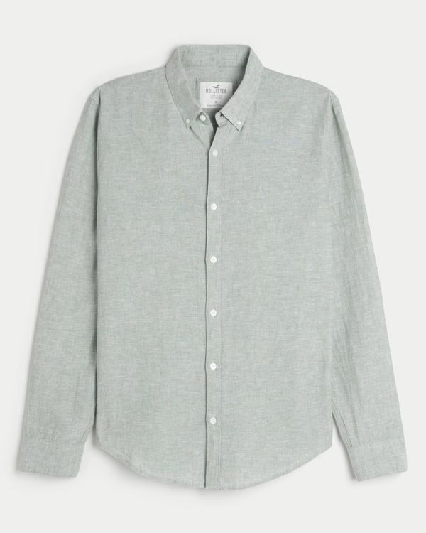 Long-Sleeve Linen Blend Button-Through Shirt | Hollister (US)