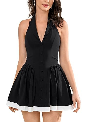 Parthea Women Sexy Backless Short Dress Halter Deep V Neck Ruffle Layer A Line Party Club Mini Dress Black | Amazon (US)