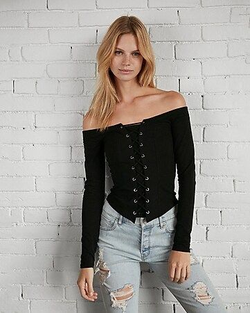 Off The Shoulder Lace Up Corset Front Top | Express
