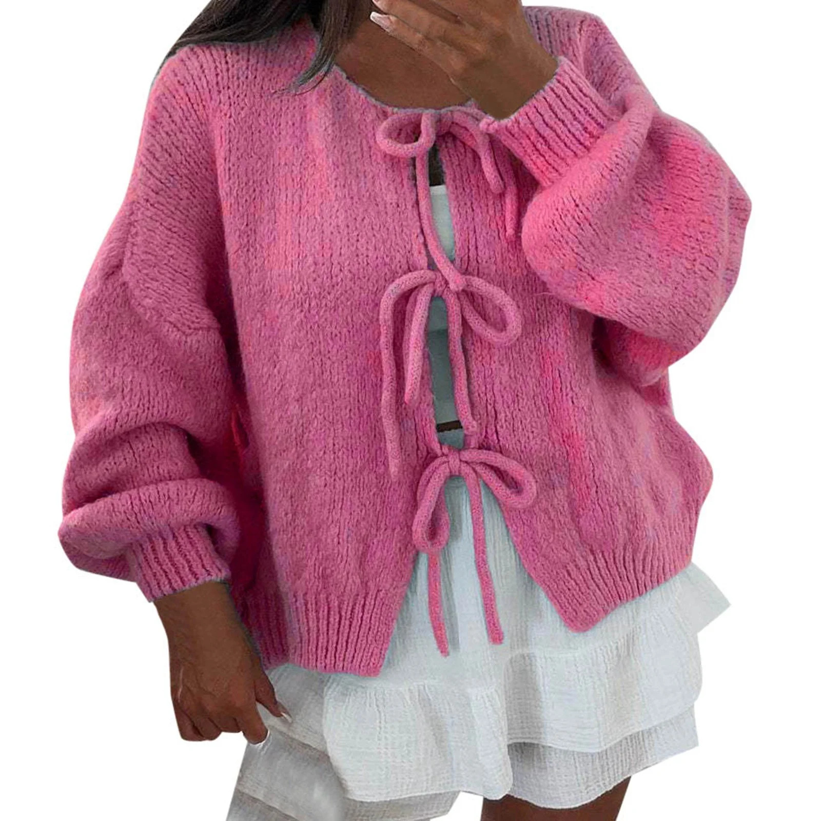 Cnbwig Women'S Lace-Up Cardigan Sweater Knit Long Puff Sleeve Solid Color Sweaters Fashion Autumn... | Walmart (US)