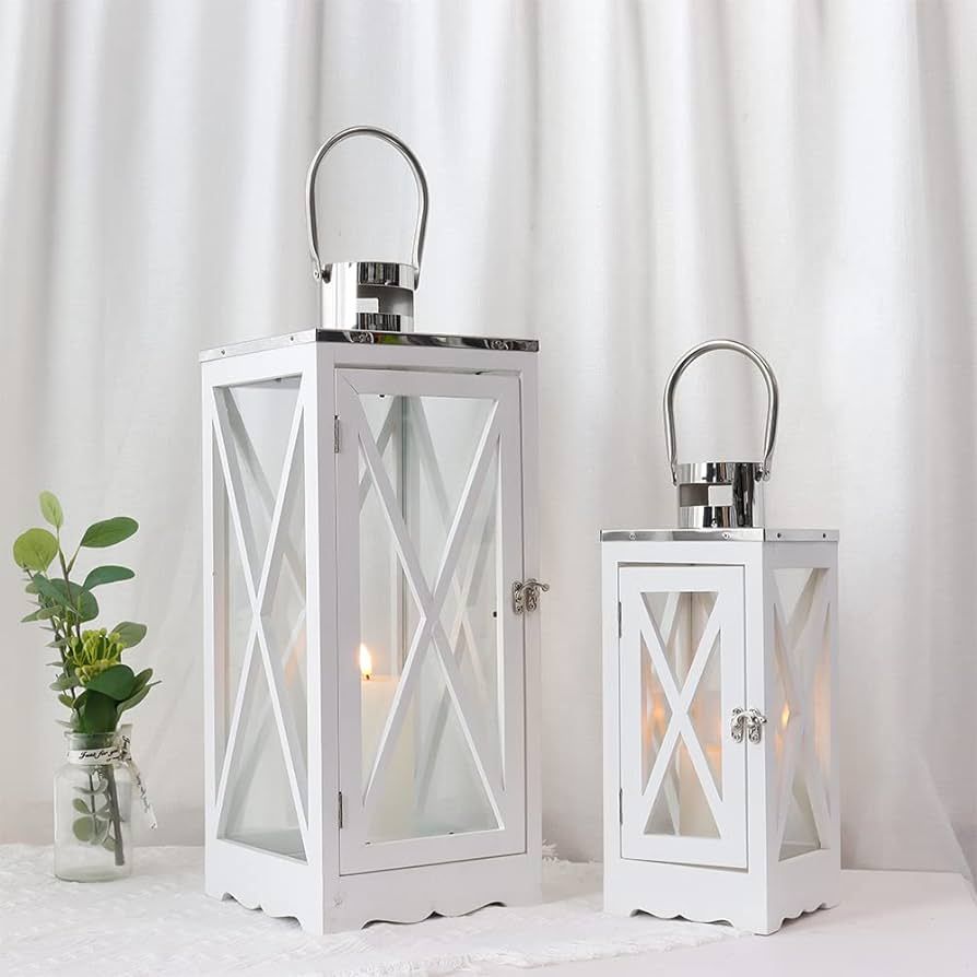 TRIROCKS Set of 2 Farmhouse Wood Candle Lantern 24.5'' &17.5'' H Decorative Candle Holders with T... | Amazon (US)