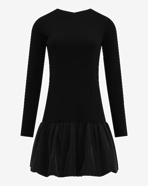 Crew Neck Long Sleeve Drop Waist Bubble Hem Mini Dress | Express