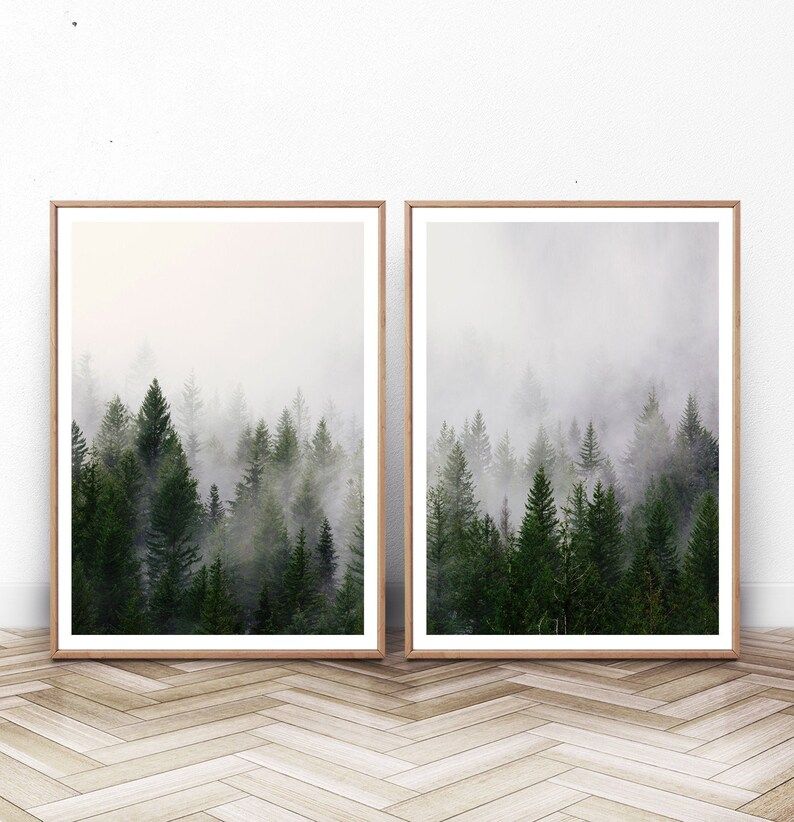 Forest Print Nature Wall Art. Foggy Autumn Poster Set. Green | Etsy | Etsy (US)