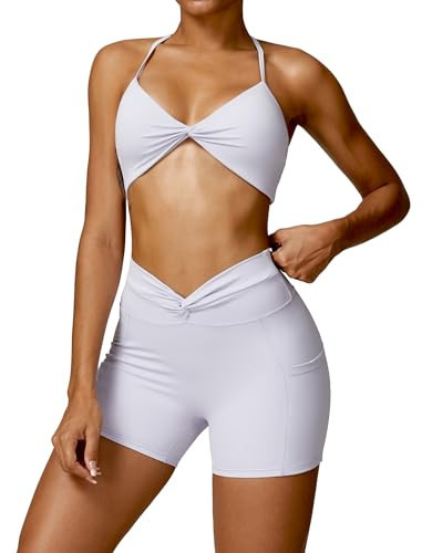 ABOCIW Twist Front Sports Bra for Women Halter Neck Yoga Bra Twist Waist Biker Shorts 2 Piece Matching Workout Sets for Women ABOCIW #1 Light Purple Medium | Amazon (US)