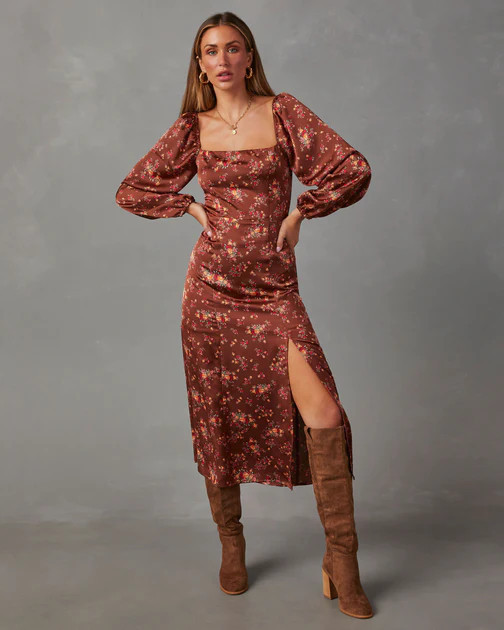 Find Me There Satin Floral Midi Dress - Brown/Multi | VICI