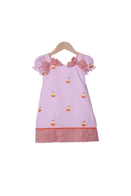 Embroidered Candy Corn Pink/Orange Gingham Seersucker Dress | The Smocked Flamingo