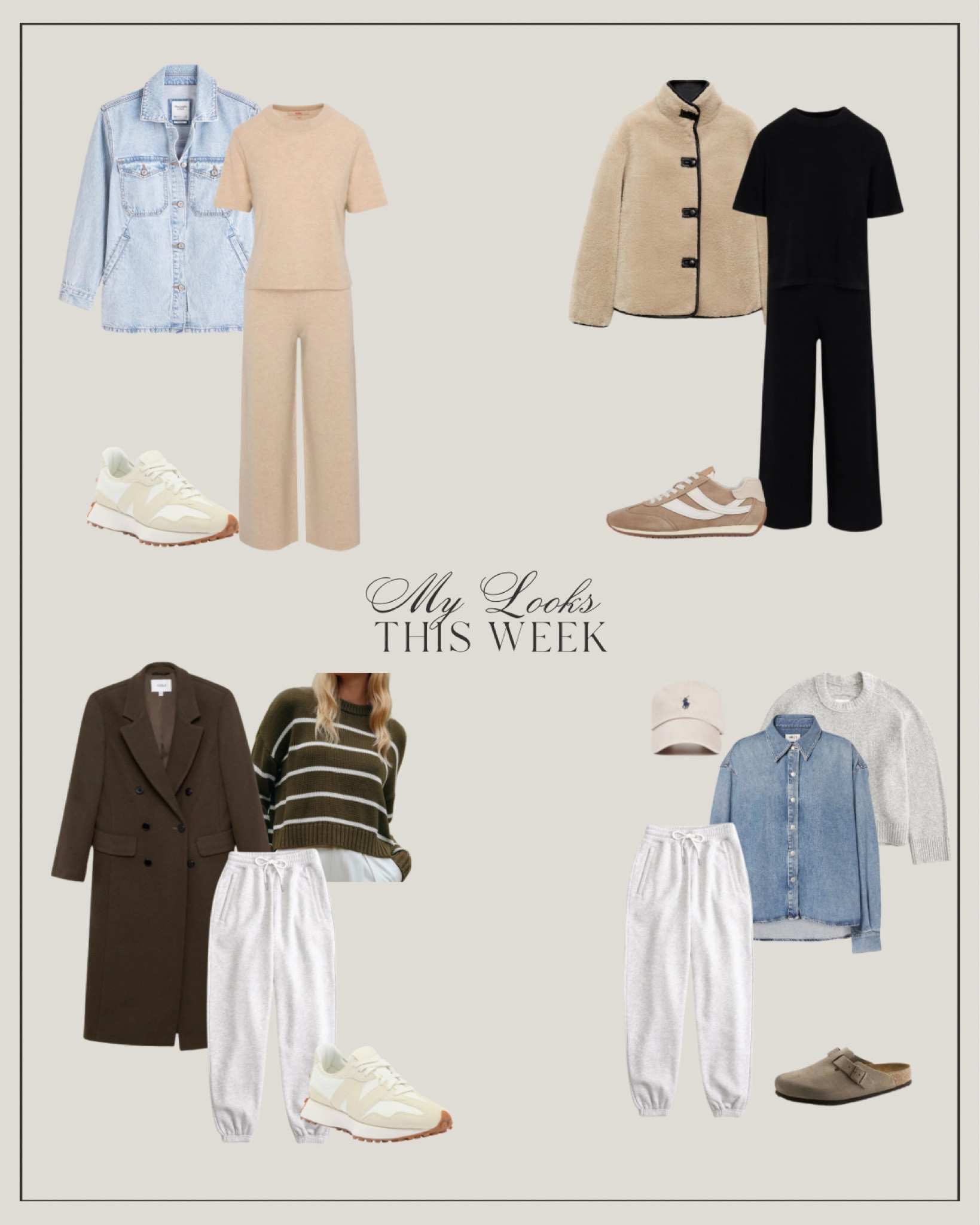 My looks from the week!

Cashmere sets
Sweatpants
Birkenstocks
Jenni kayne sweater