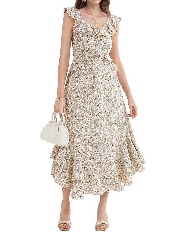 GRACE KARIN Women's 2024 Summer Floral Casual Sleeveless V Neck Ruffle Layered Beach A-Line Boho ... | Amazon (US)