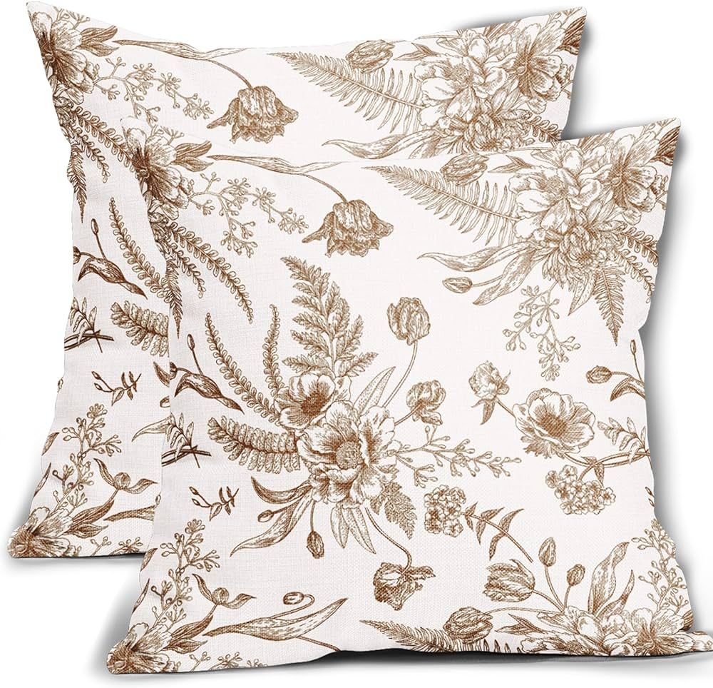 Brown and White Flowers Pillow Covers 2 Packs 18x18 Inch Vintage Brown Flowers Throw Pillowcase C... | Amazon (US)
