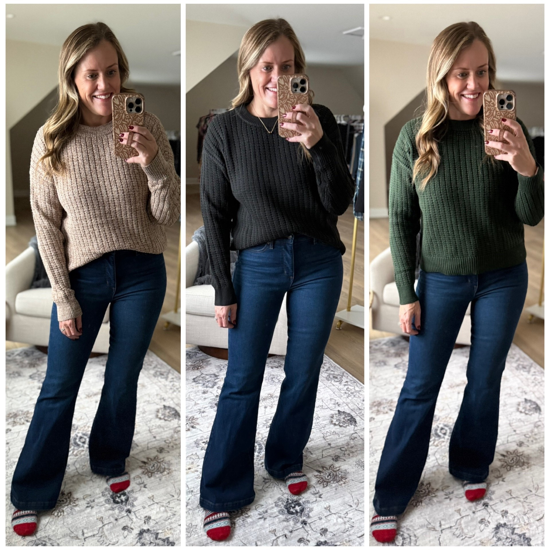 Sweaters only $6-$7 on clearance!! My 13 year old would say I’m cringe 😂😂 But really, they are as low as $6! I’m in a medium (TTS) in left and middle, and small in the green. Denim TTS. 

#LTKmomlife #LTKMidsize #LTKOver40