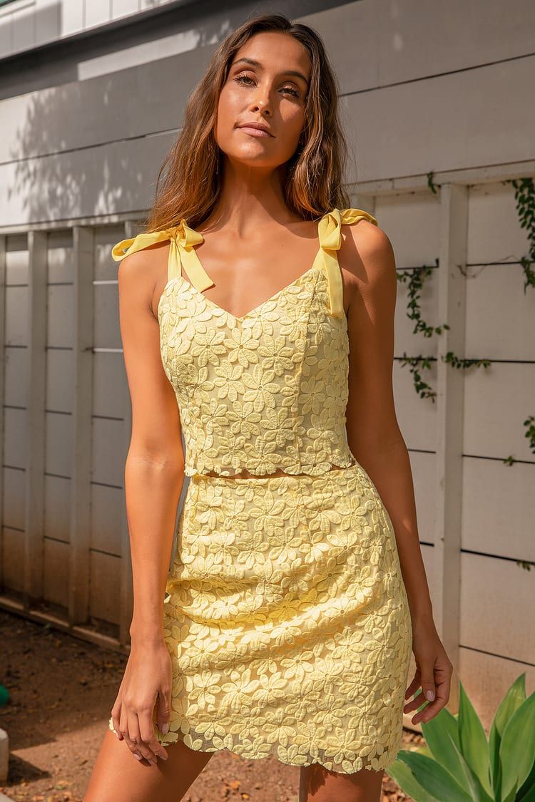 Spring it On Yellow Floral Embroidered Tie-Strap Crop Top | Lulus (US)