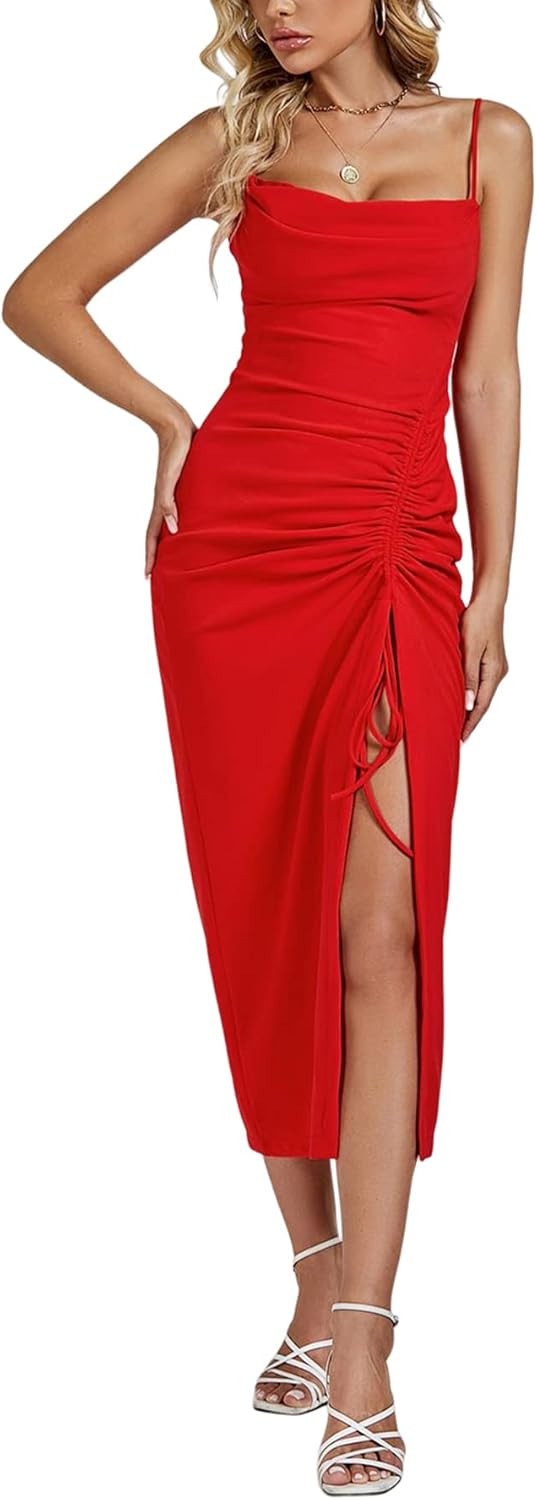 LYANER Women's Drape Cowl Neck Strappy Bodycon Ruched Backless Split Slit Cocktail Midi Dress | Amazon (US)