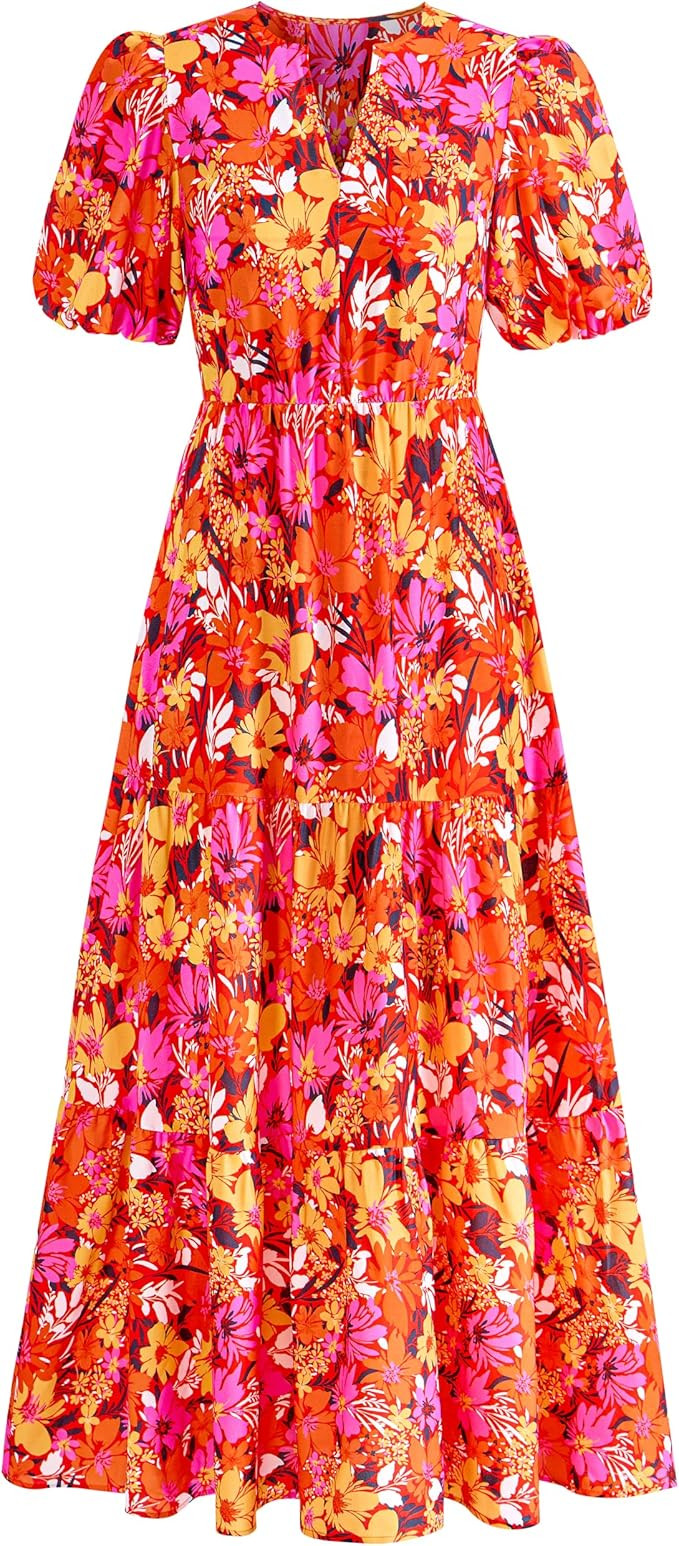 dowerme Womens Summer Dresses 2026 Casual Puff Short Sleeve V Neck Floral Boho Tiered Ruffle Maxi... | Amazon (US)