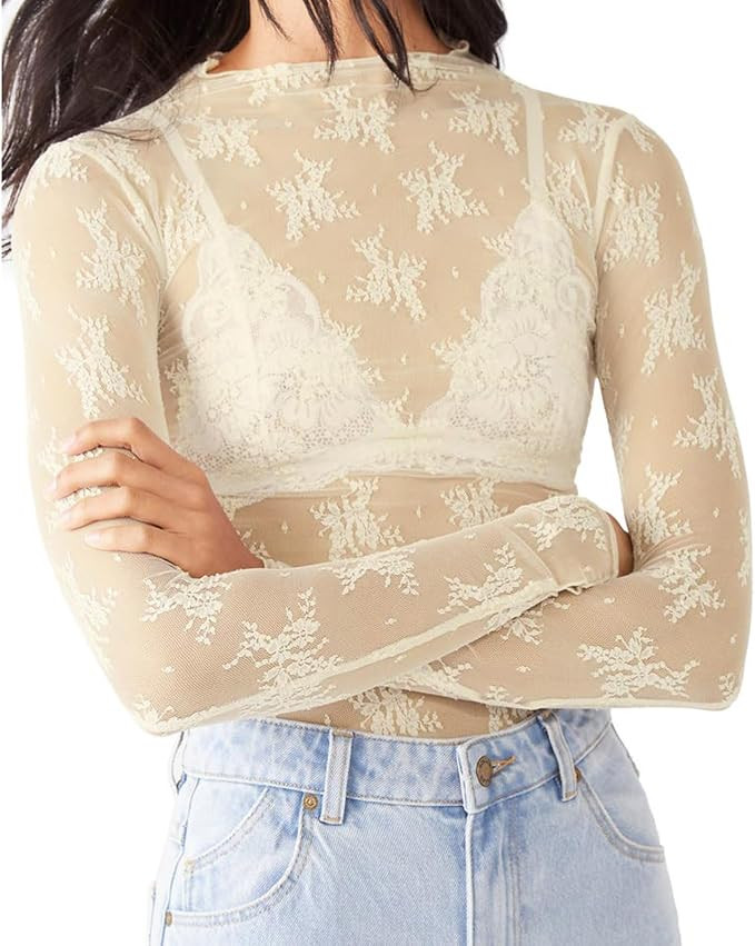Sheer Mesh Long Sleeve Layering Top for Women Mock Neck Floral Lace Tshirt See Through Tee Shirt ... | Amazon (US)