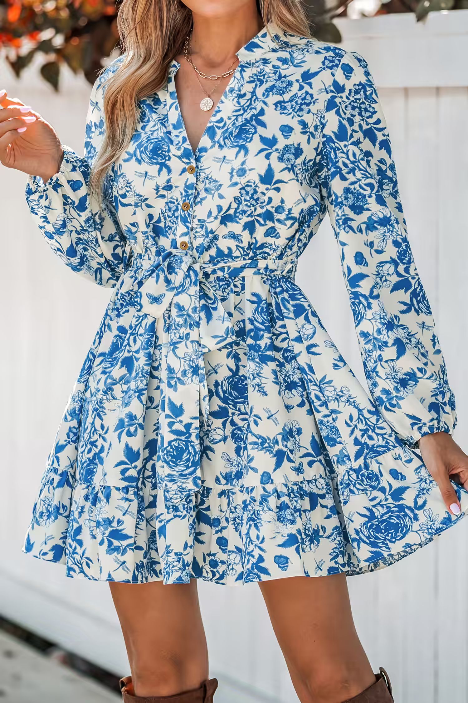 Belted Floral Print V-Neck Mini Dress | Cupshe US
