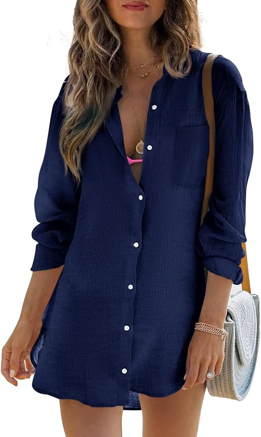 Womens Beach Cover Up Button Down Shirts Summer Cotton Gauze Tops Long Sleeve Bikini Swimsuit | Amazon (US)