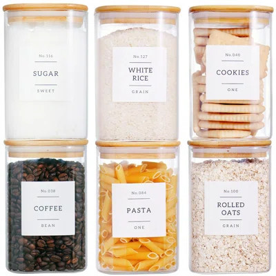 6 Pack Square Glass Kitchen Storage Jars With Airtight Bamboo Lids And 132 Pantry Labels - 35Oz Glass Canisters With Wood Lids - Glass Food Storage Co | Wayfair North America