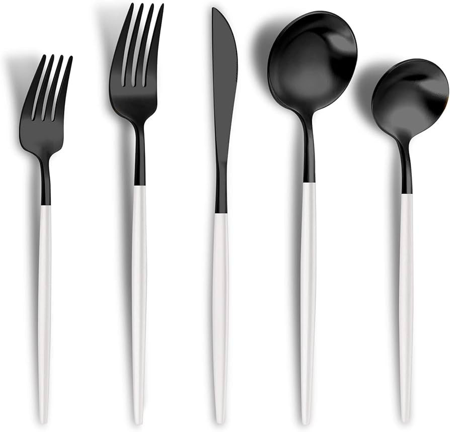 Matte Black White Silverware Set for 6,Modern Stainless Steel Brushed Cutlery Set,30-Pieces Rusti... | Amazon (US)