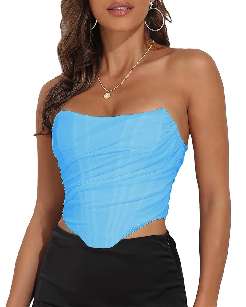 Women's Vintage Strapless Open Back Boned Mesh Bustier Zip Back Corset Bodyshaper Crop Top | Amazon (US)