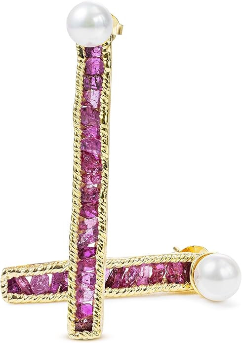 GERMAN KABIRSKI Esther Asymmetric Earrings – 4.5 ct Raw Ruby & 7 mm White Cultured Pearl ... | Amazon (US)