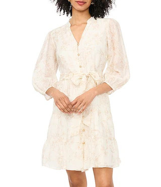 Floral Print Crew Neck Long Sleeve Mini Button Front Dress | Dillard's