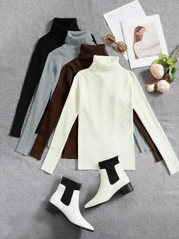 4pcs Turtleneck Solid Color Sweater | SHEIN