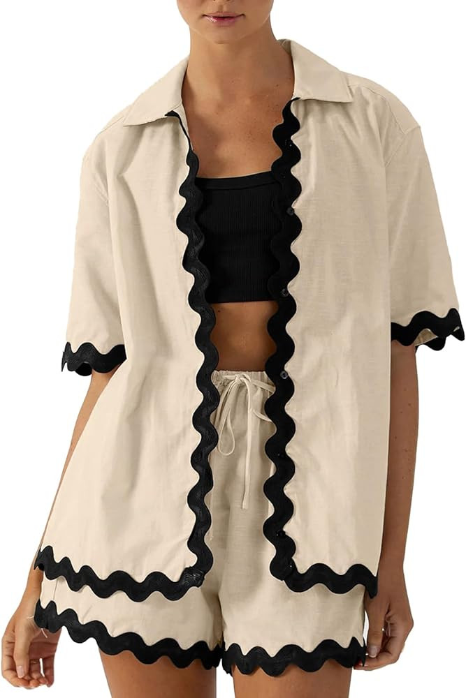 Women's Casual 2 Piece Outfit Summer Button Down Shirt and Shorts Pajama Set Lounge Matching Beac... | Amazon (US)