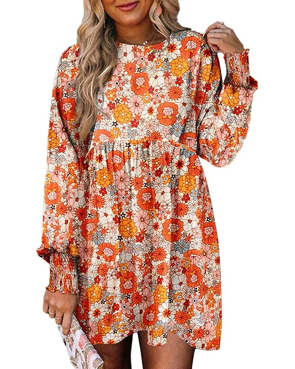 Dokotoo Fall Dresses for Women 2024 Casual Loose Floral Dress Long Sleeve Crew Neck Flowy Swing M... | Amazon (US)