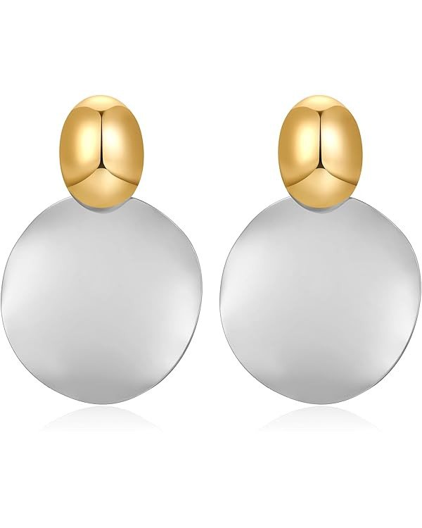 FAMARINE Big Disc Drop Earrings Gold Dangle Earrings Round Hammered Earrings Women | Amazon (US)