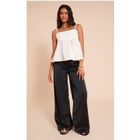 Black Satin Tailored Detail Wide Leg Trousers, Black | PrettyLittleThing UK