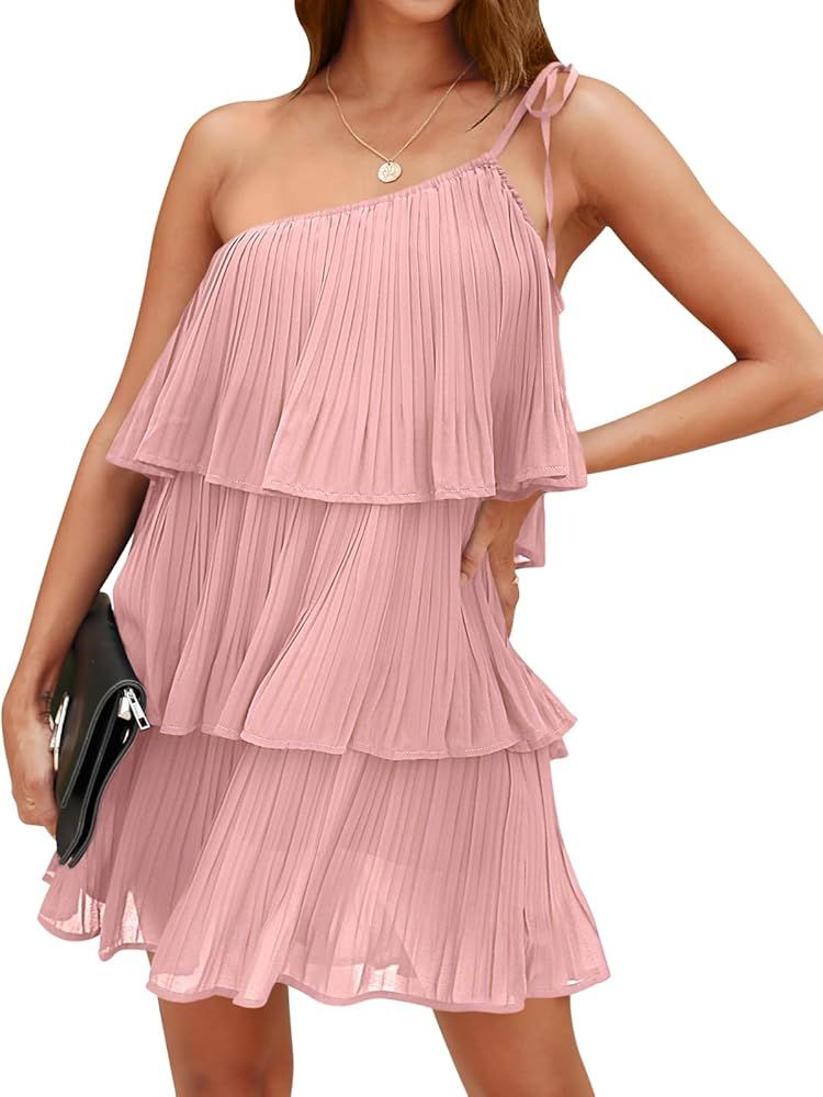 DEEP SELF Women's Summer One Shoulder Ruffle Mini Dress Casual Tiered Chiffon Pleated Flowy Short... | Amazon (US)