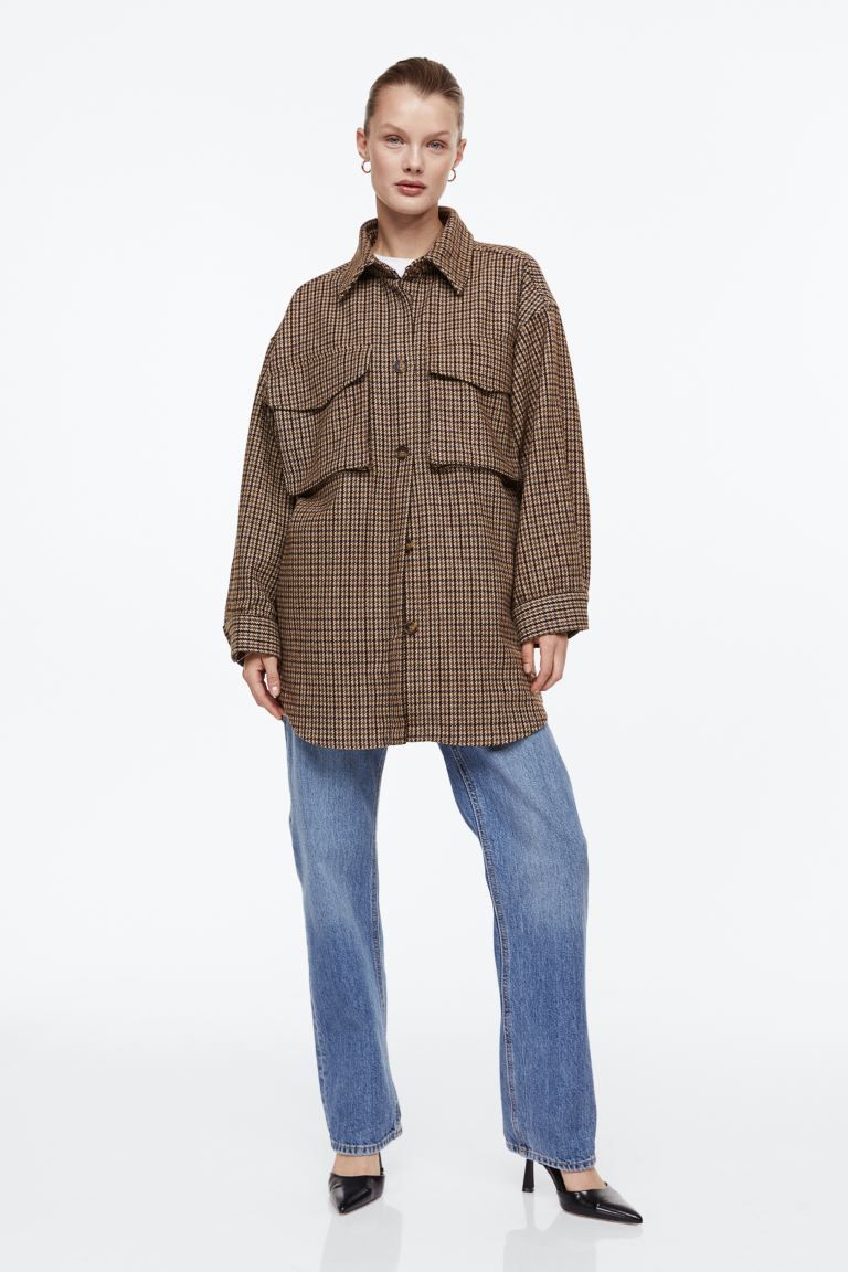 Oversized Twill Shacket - Beige/checked - Ladies | H&M US | H&M (US + CA)