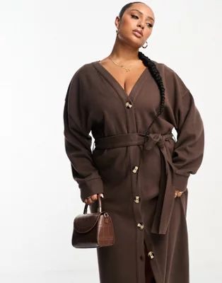 ASOS DESIGN Curve super soft button through maxi cardigan belted dress in chocolate | ASOS (Global)
