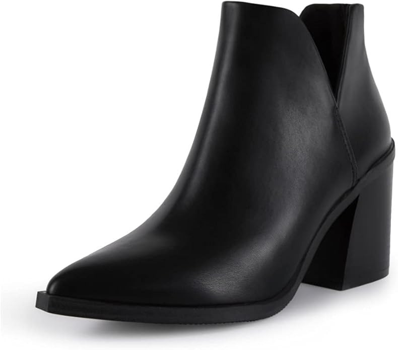 FISACE Womens Pointed Toe Stacked Mid Heel Ankle Boots V Cut Back Zipper Faux Leather Booties | Amazon (US)