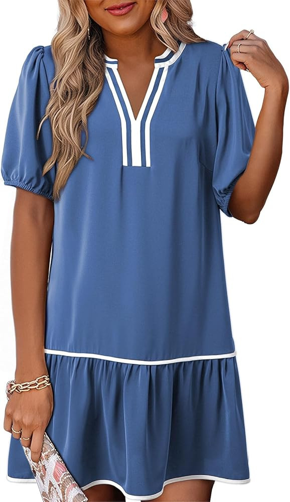 Dokotoo Women's Summer Dress Short Puff Sleeve V Neck Boho Floral Mini Casual Dresses with Pocket... | Amazon (US)