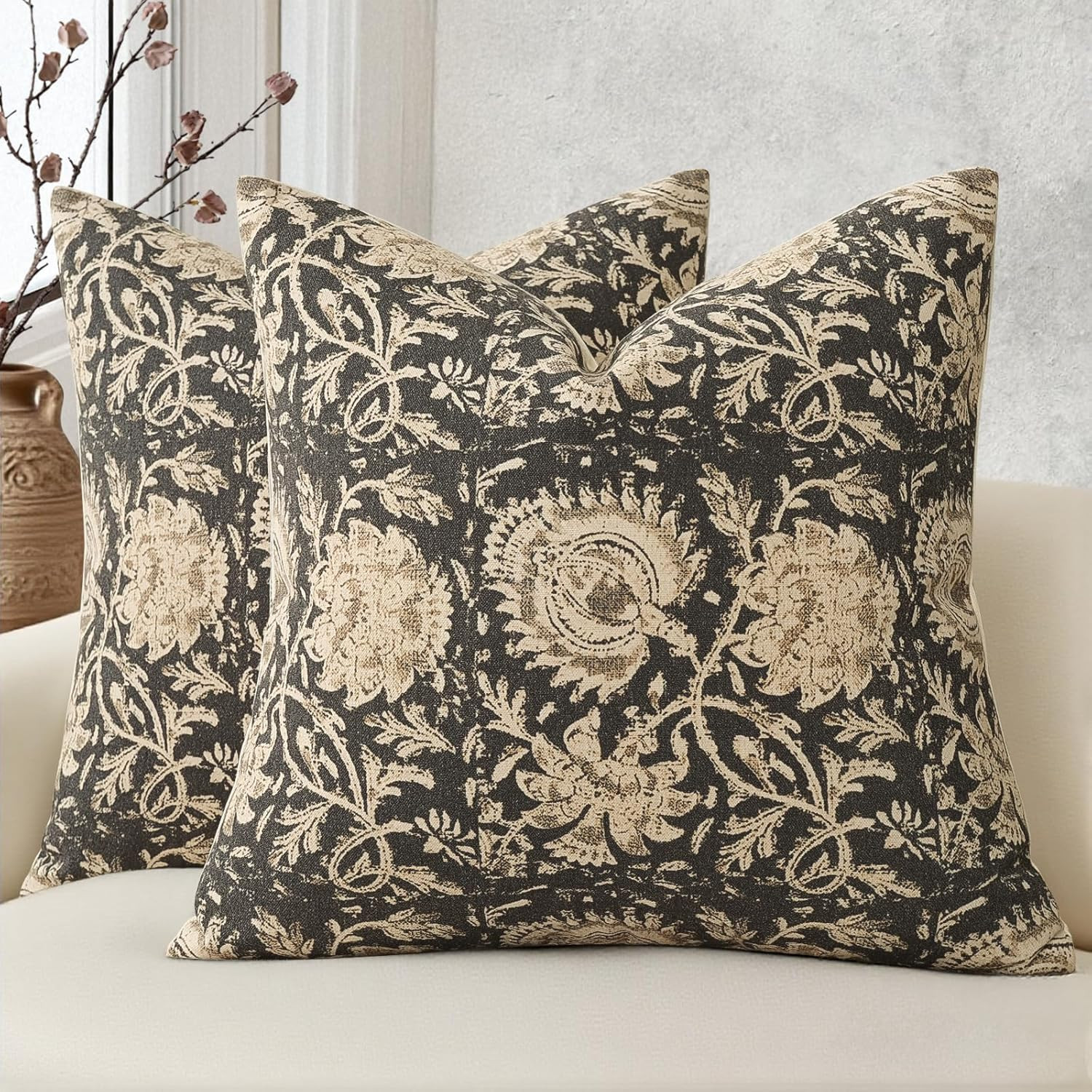 Vintage Floral Print Throw Pillow Covers 20x20 Set of 2 Neutral Modern Farmhouse Pillowcases Acce... | Amazon (US)