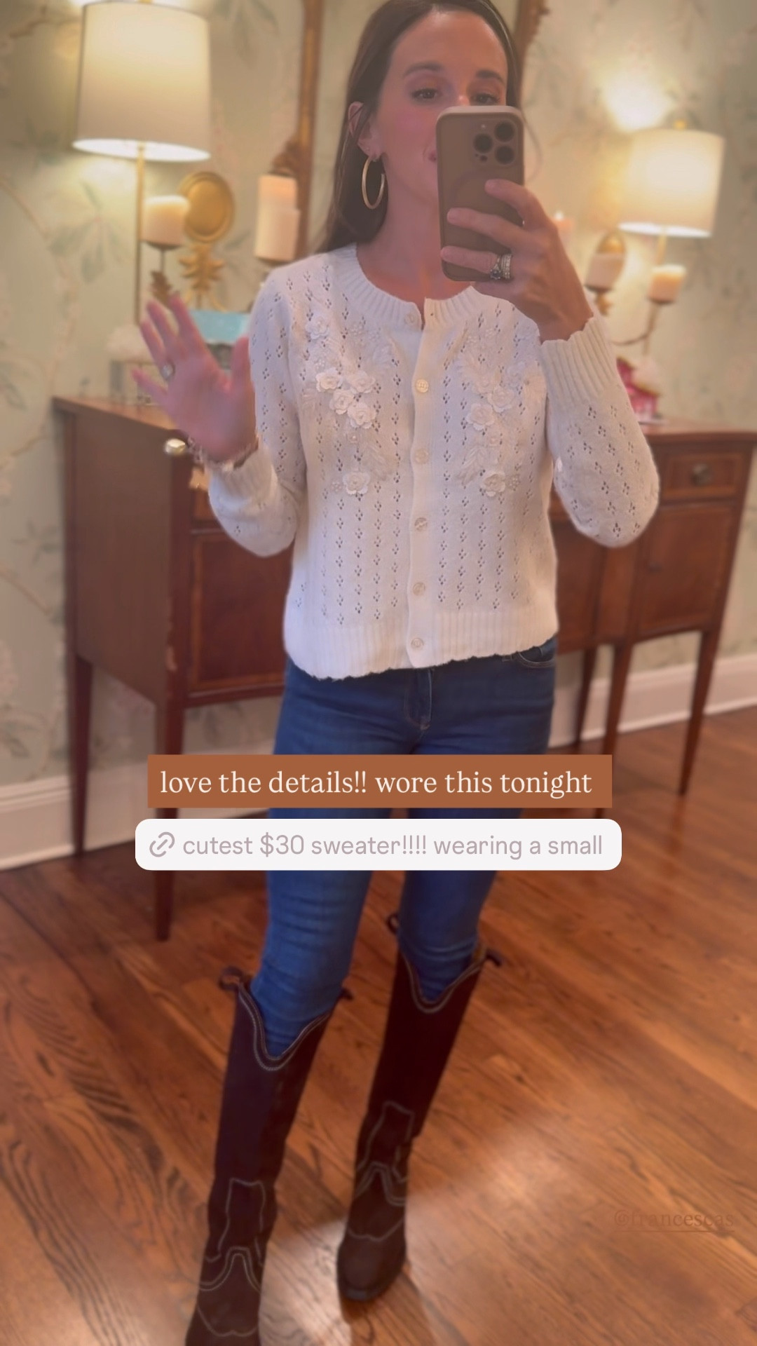 francesca’s !  sooo cute obsessed with this 🤎 on sale for $30 • XS in sweater & 25 in jeans! 
love a winter white sweater with all this detail! 

#LTKmomlife #LTKSeasonal #LTKootd