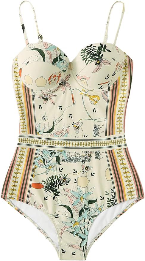 SheIn Women's Floral Print Sleeveless Pad Cami Swimsuit Slim One-Piece Swimmwear | Amazon (US)