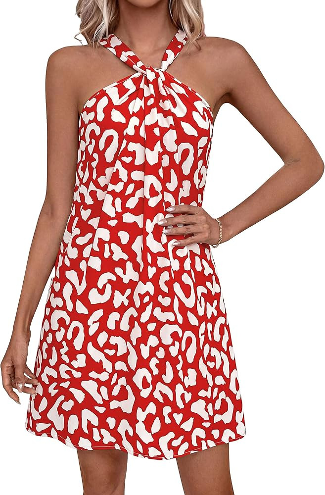 PRETTYGARDEN Womens 2026 Summer Halter Mini Dress Sleeveless Boho, Memorial Day, July 4th Dress, | Amazon (US)