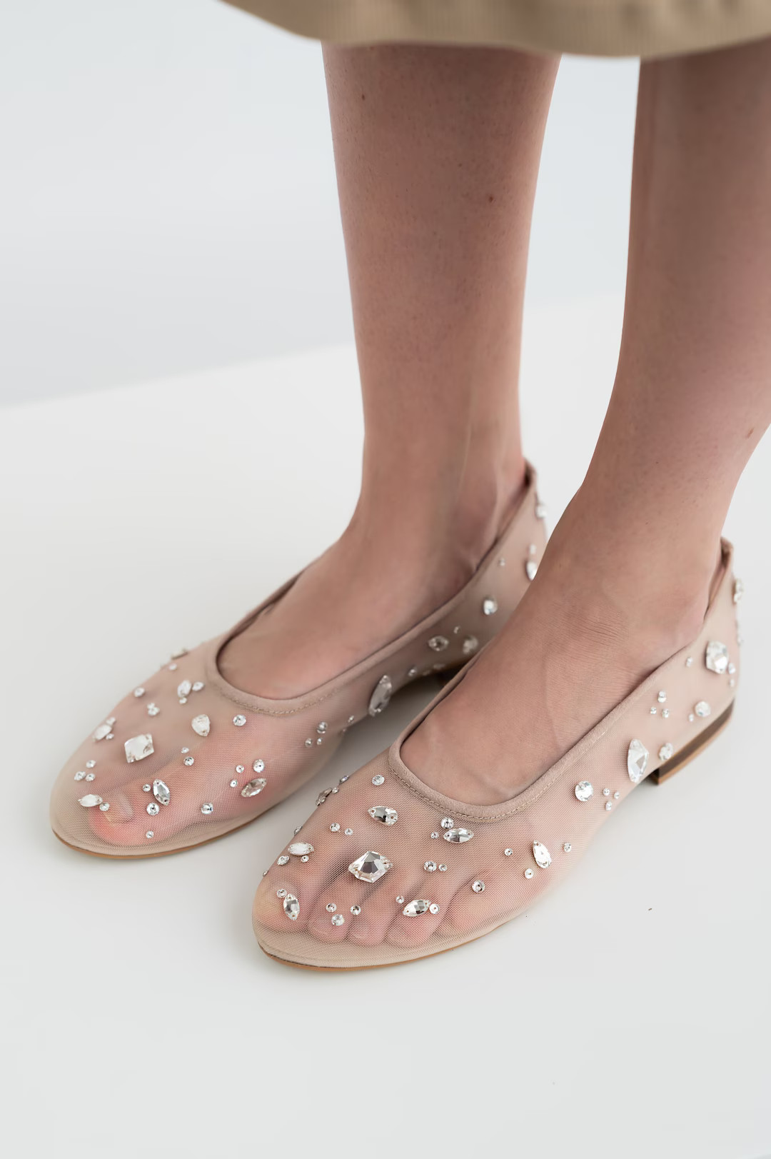 Beige Mesh Flats With Rhinestone Embroidery and Almond Toe - Etsy | Etsy (US)