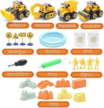 YIDESTARS Play Construction Sand Kit,2.2lbs Magic Sand W/4 Large Take Apart Construction Trucks,1... | Amazon (US)