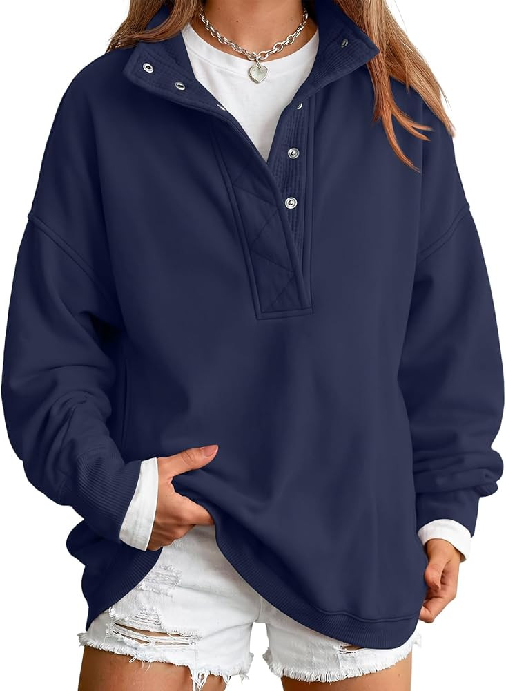 Trendy Queen Womens Oversized Sweatshirts with Snap Button Henley Collar | Amazon (US)